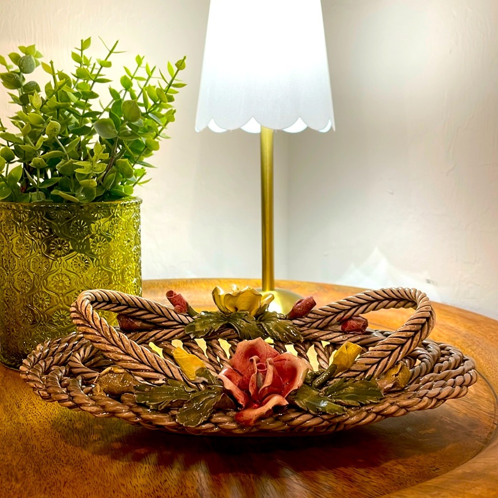 Vintage Capodimonte Porcelain Woven Basket- pink and yellow flowers